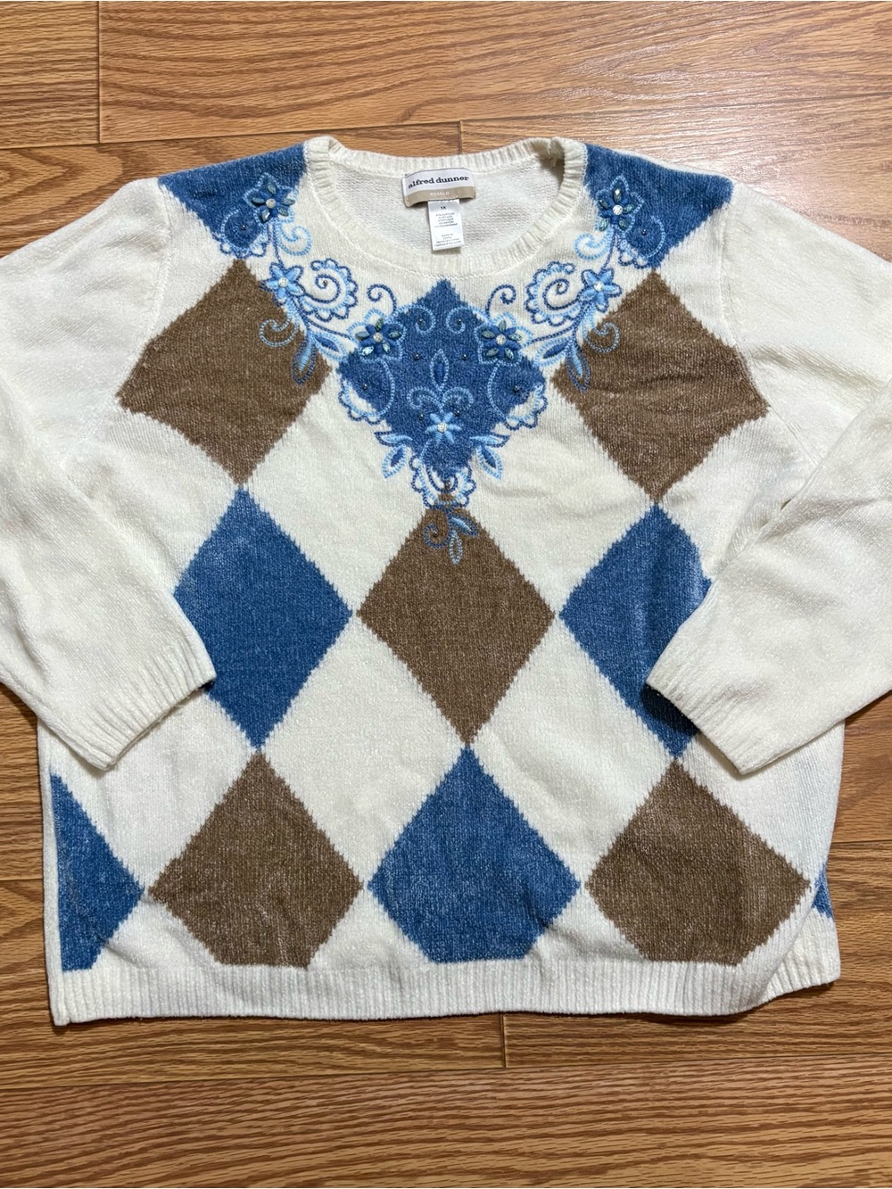 Alfred Dunner 1X Dover Cliffs Embroidered Argyle Chenille Pullover Sweater Soft